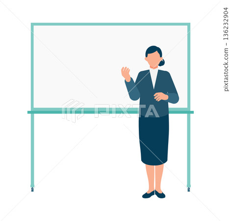 Full-body illustration of a woman pointing at a whiteboard and explaining. Can be used for training and lectures. 136232904
