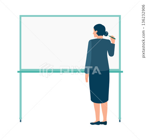一位女性在白板上書寫的全身背影插圖。非常適合用於學習和場景規劃。 136232906