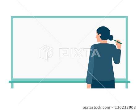 用於教育材料和影片的插圖，描繪了一位女性背對著白板書寫的場景。 136232908