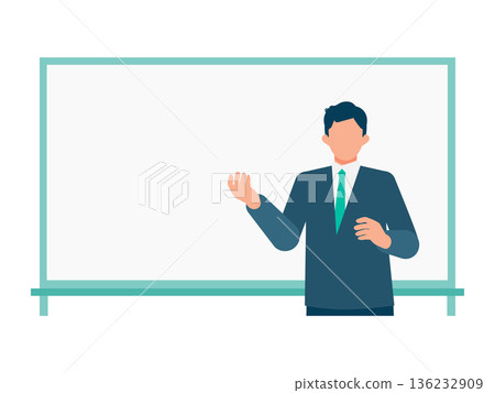 圖解：一名男子指著白板進行講解。適用於幻燈片。 136232909