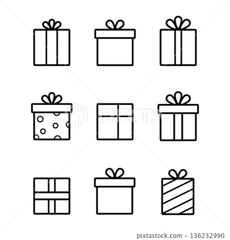 Gift boxes thin line vector icons. Box for gift and present gift box in linear style 136232990