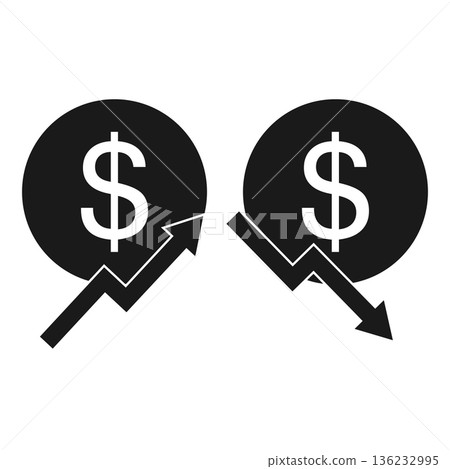 Vector Icon set of a graph of the rising and falling currency of the dollar. The graph shows an up and down arrow and a US dollar sign. 136232995