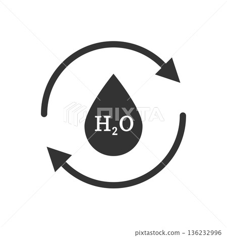 Drop of H2O water with arrows around icon. Illustration of an isolated recycle or reuse sign with the text H2O 136232996