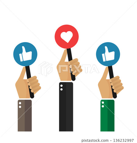 hands holding boards with sign "thumbs up". Vector, illustration, flat. hands holding boards with sign "thumbs up". Vector, illustration, flat. 136232997