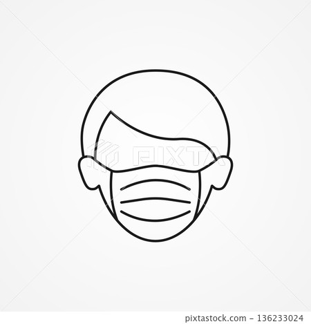 Black line Man face in a medical protective mask icon isolated on white background.Vector Illustration 136233024