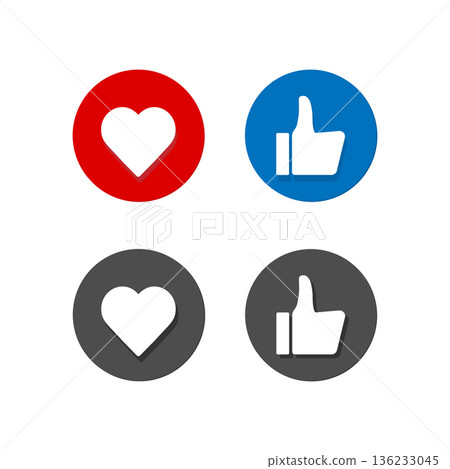 Thumbs up and down, heart signs on colorful round flat vector icons. Simple buttons with user feedback for social network, mobile app or web site design 136233045