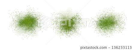 Isolated green matcha dust and powder splashes with mint spray effect and flying green leaves, top view on white background. Isolated green matcha dust and powder splashes with mint spray effect and flying green leaves, top view on white background. 136233113