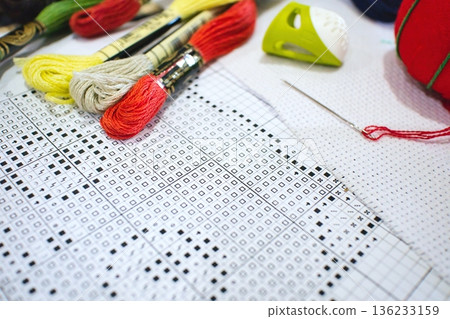 Close-up shot of craft supplies for making a hand-made cross stitch design, with colored cotton thread skeins, needle, thimble, and printed instructions with black and white symbols, with copy space 136233159