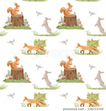 Seamless woodland pattern with cute forest animals including fox, bird, and rabbit. Perfect nursery wallpaper featuring baby creatures 136233184