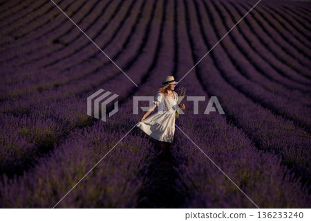 Woman lavender field walking white dress enjoying summer sunset travel in purple rows 136233240