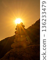 Cairn balance sunset stones silhouetted against a dramatic golden evening sky, symbolizing meditation and tranquility. 136233479