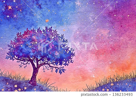 Watercolor style starry sky garden, night view of a tree with swaying lights Watercolor style starry sky garden, night view of a tree with swaying lights 136233493