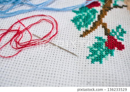Close-up shot of a hand-made cross stitch design, with colored cotton thread and needle on aida cloth fabric background, with copy space 136233529