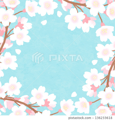 櫻花與淺藍色背景框出春日水彩畫 136233618