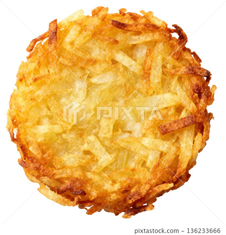 Hash brown potato patty crispy fried snack circle top view food texture closeup 136233666