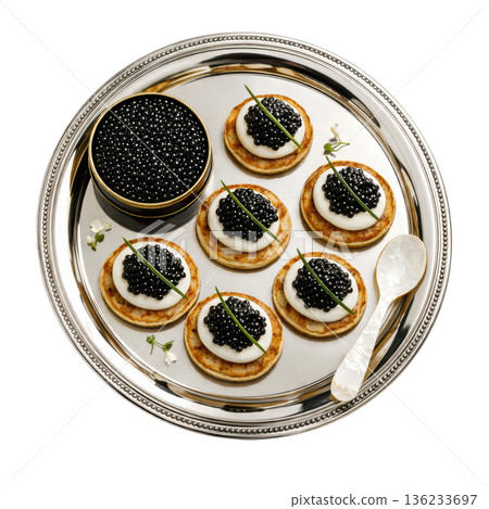 Caviar blini canape gourmet snack silver tray luxury appetizer elegant party food 136233697