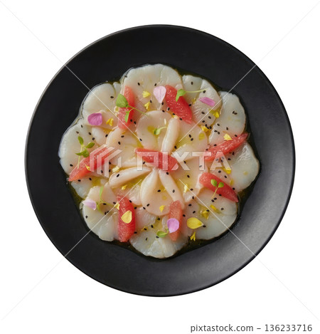 Scallop carpaccio raw scallop thin slice grapefruit segment black sesame petal garnish elegant plate 136233716