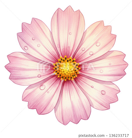 Watercolor cosmos flower up close gentle petal detail with raindrop dew freshness sensation 136233717