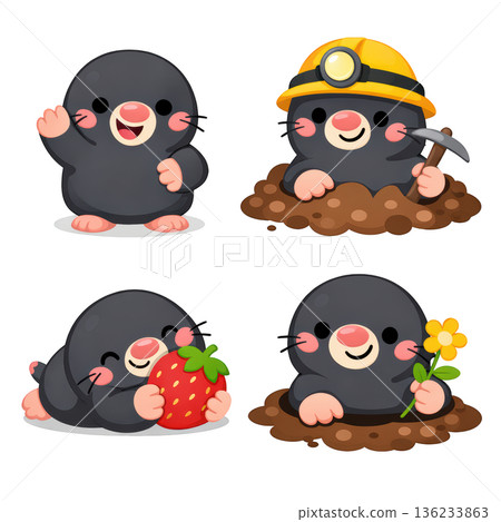 Cute mole character, cartoon mole, happy mole, mining mole, playful mole family 136233863