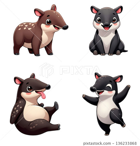 Cute tapir cartoon baby tapir character happy animal mascot playful wildlife set in grid layout 136233868