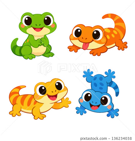 Cute cartoon gecko set adorable reptile character happy expression 136234038