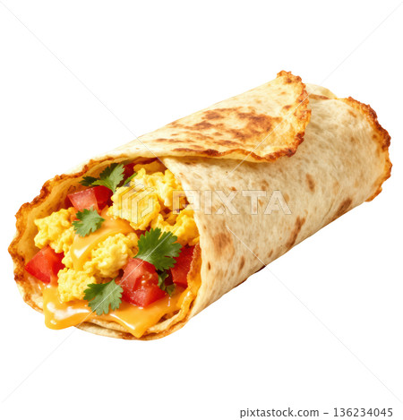Breakfast burrito cheese egg, tortilla, tomato, cilantro, closeup delicious snack 136234045