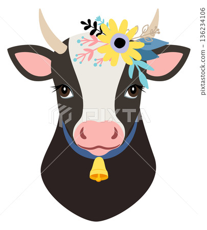 Cow portrait in rustic decorative style. Animal head in flowers Cow portrait in rustic decorative style. Animal head in flowers 136234106