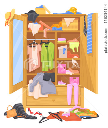 Messy closet. Untidy clothes chaos in home wardrobe 136234144