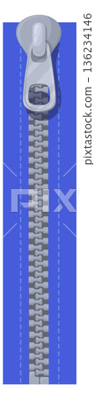 Metal slider on zipper teeth. Unzip clothes clasp Metal slider on zipper teeth. Unzip clothes clasp 136234146