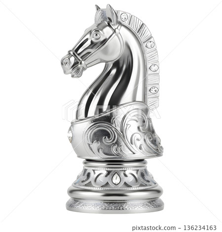 Regal and elegant silver knight chess piece with luxury ornate details and sparkling diamond, symbol of power 136234163