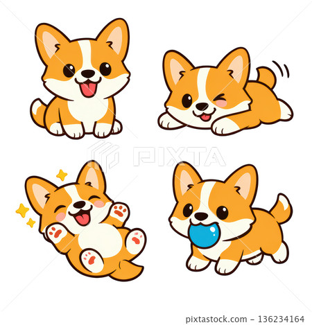 Cute corgi cartoon puppy playful happy corgi dog kawaii pet character smiling expression fun 136234164