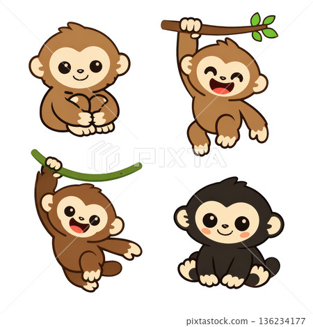 Cute gibbon cartoon playful monkey jungle animal funny primate sticker joyful pose 136234177