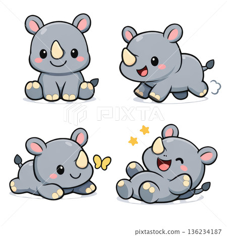 Cute cartoon rhino baby rhinoceros kawaii animal playful character happy sitting pose playful 136234187