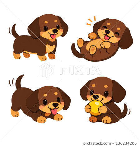 Cute dachshund cartoon playful puppy dog set joyful expression 136234206
