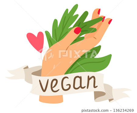 Vegan lifestyle label. Fresh greenery in human hands 136234269
