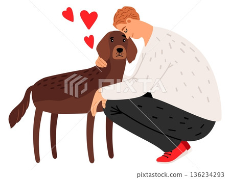 Lovely pet. Man hugging dog. Animal cuddle Lovely pet. Man hugging dog. Animal cuddle 136234293