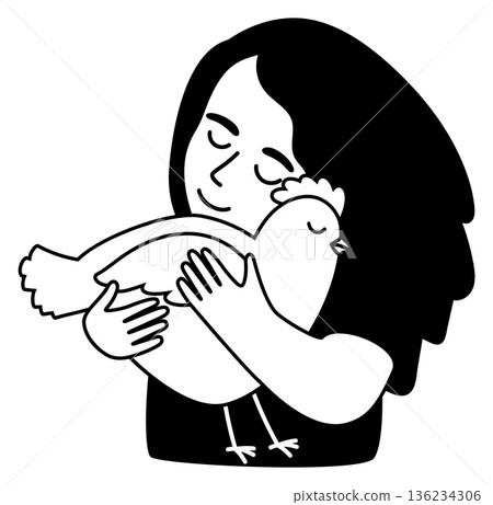 Girl love cuddle chicken pet. Vegan black character Girl love cuddle chicken pet. Vegan black character 136234306