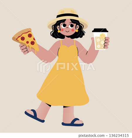 Happy summer girl enjoying a slice of pizza and a glass of lemonade, a cheerful vector illustration for seasonal joy, picnics, and fun 136234315