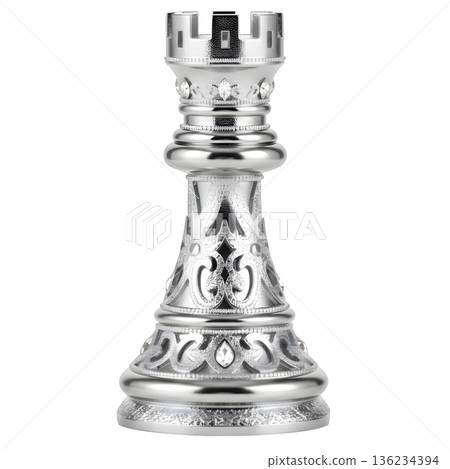 Elegant platinum rook chess piece with diamond detail. luxury silver object for game of power and strategy Elegant platinum rook chess piece with diamond detail. luxury silver object for game of power and strategy 136234394