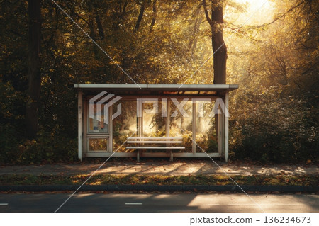 A quiet suburban bus stop rests in a tapestry of glowing autumn leaves, welcoming travelers amidst warm golden hues and serene surroundings 136234673