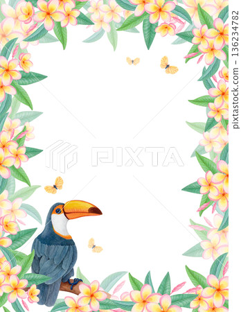 Watercolor tropical frame with toucan, plumeria flowers and butterflies. Floral border with exotic bird and frangipani blossoms. Watercolor tropical frame with toucan, plumeria flowers and butterflies. Floral border with exotic bird and frangipani blossoms. 136234782