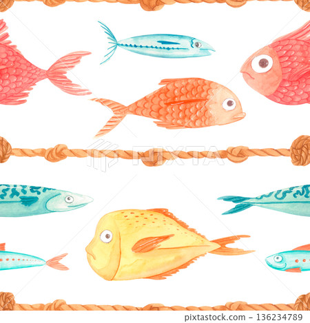 Watercolor ocean seamless pattern with colorful fish and nautical rope horizontal stripes. Marine summer design in cute style. 136234789