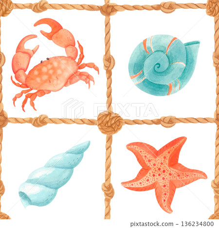 Watercolor marine seamless pattern with crab, starfish, seashells in rope grid. Nautical design with sea animals in vintage style. 136234800