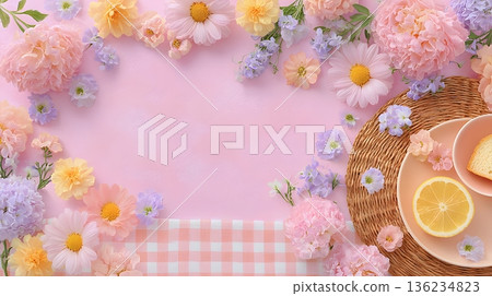 春意盎然的女性化餐桌背景，周圍環繞著粉紅色花朵 136234823