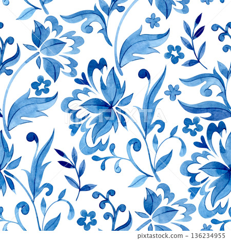 Seamless pattern of floral ornaments in folk style. Watercolor blue print. 136234955