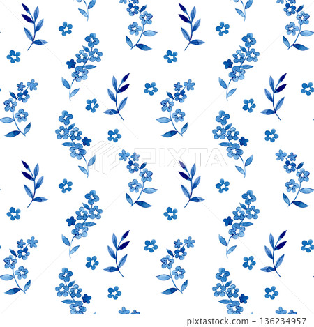 Seamless pattern of floral ornaments in folk style. Watercolor blue print. 136234957