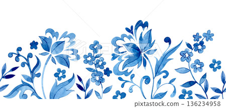 Seamless border of floral ornaments in folk style. Watercolor blue frame 136234958