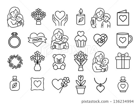 Mother s Day line icons set with mom, heart, flowers, gift, and love symbols for greeting cards, packaging, web and print design. Vector illustration 136234994