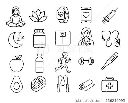 Healthy lifestyle, fitness and medical line icons including meditation, nutrition, doctor, smartwatch, supplements, sleep, running, gym equipment and wellness elements. Clean vector outline 136234995