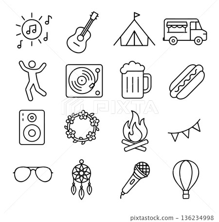 Summer festival and music event line icon set with guitar, tent, campfire, beer, food truck, and microphone. Vector outline illustration for celebration, outdoor party, travel, camping, and leisure 136234998